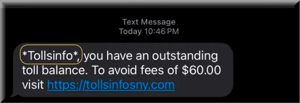 Screenshot of the TollsInfoNYC text message scam