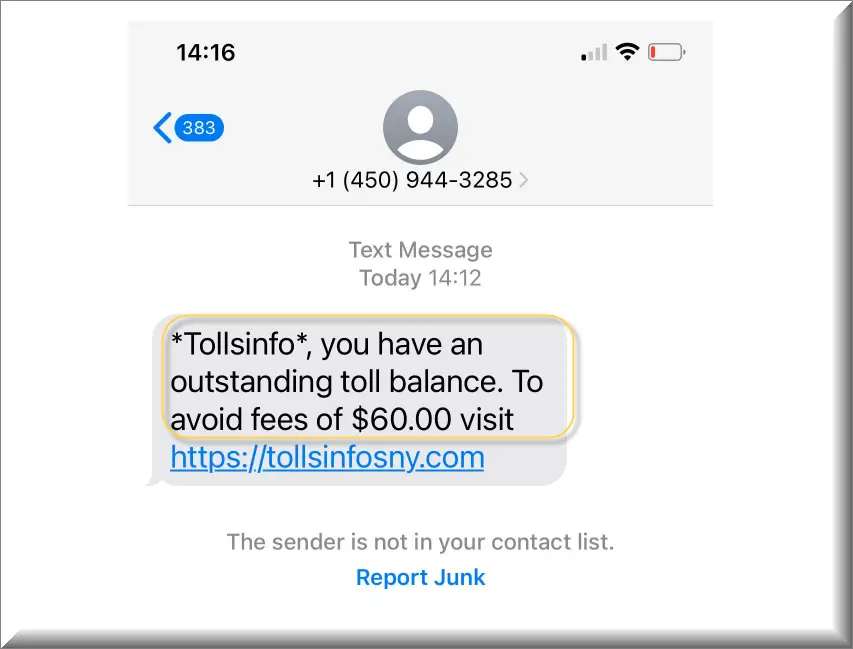 Screenshot of The TollsinfoNYC message claim the recipient must pay toll balances immediately
