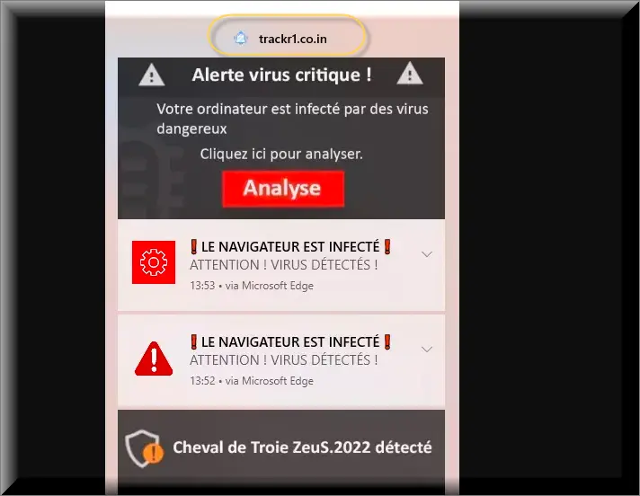 Capture d'écran d'un pop-up publicitaire redirigeant vers un lien hypertexte intitulé Trackr1.co.in