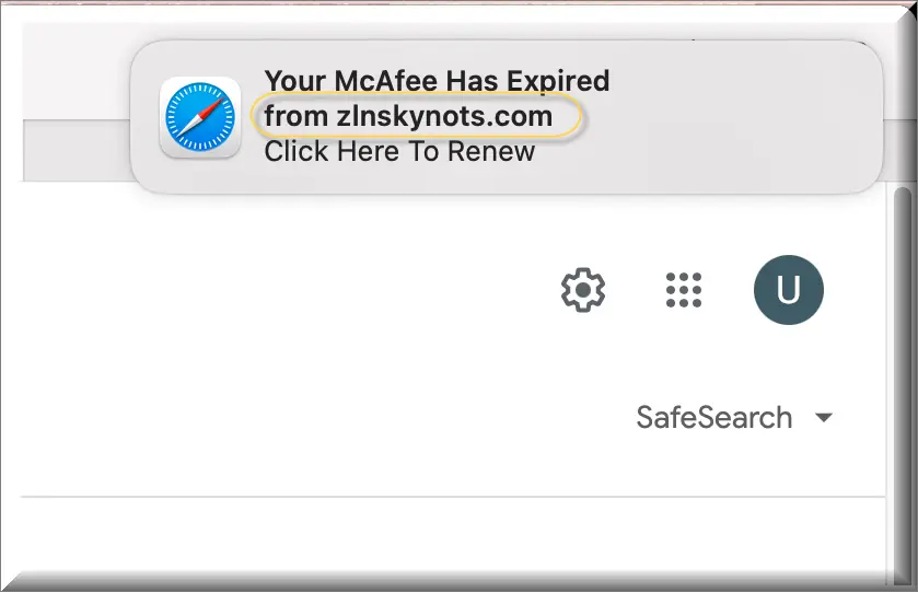 Fake antivirus alert pop-up from Zinskynots on a Mac screen, warning of an expired McAfee subscription.
