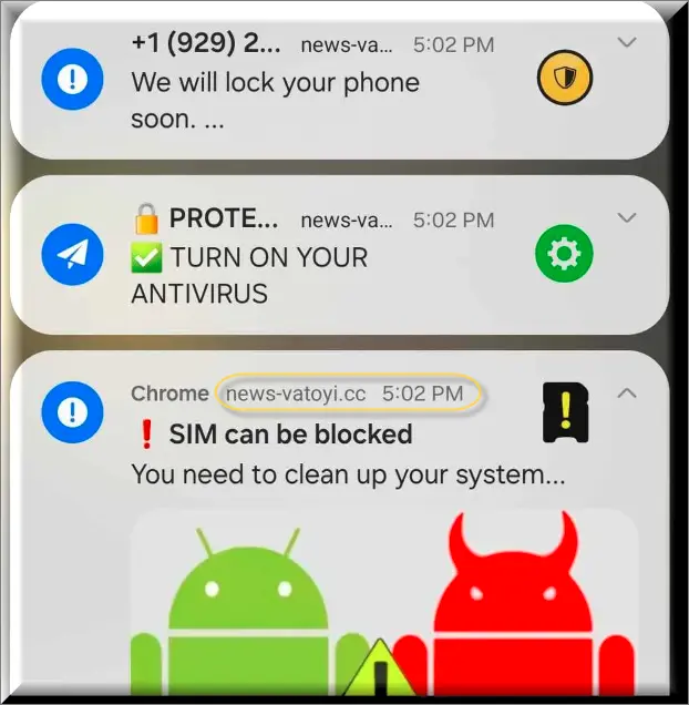 News-vatoyi.cc Warning pop-ups about phone lock, antivirus necessity, SIM block threat, and system cleanup