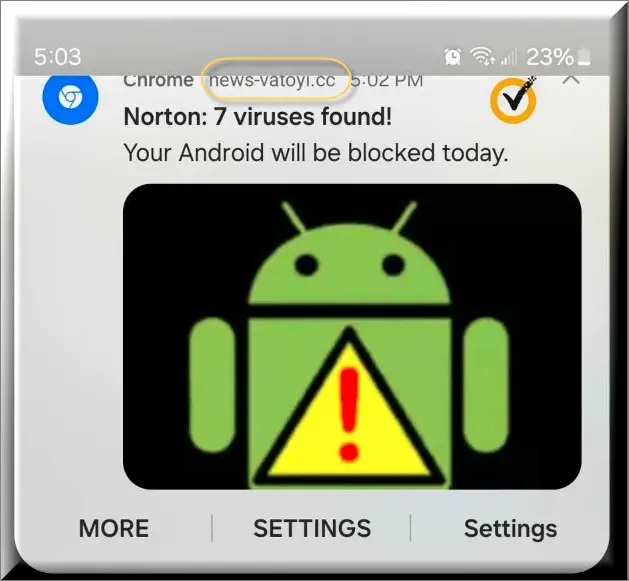 News-vatoyi.cc Scam alert showing 'Norton: 7 viruses found today' and 'Your Android will be blocked today