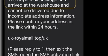 Screenshot of a scam text message claiming a Royal Mail package is at the warehouse due to incomplete address information, urging to confirm address via a link