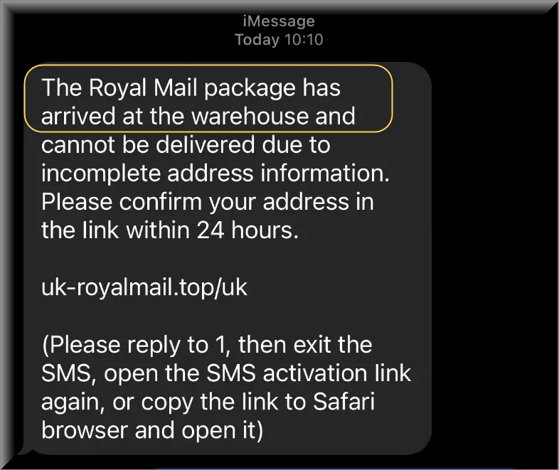 Screenshot of a scam text message claiming a Royal Mail package is at the warehouse due to incomplete address information, urging to confirm address via a link