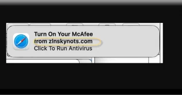 Fraudulent Zinskynots popup on Mac saying 'Turn on your McAfee from zinskynots.com. Click to run Antivirus'.