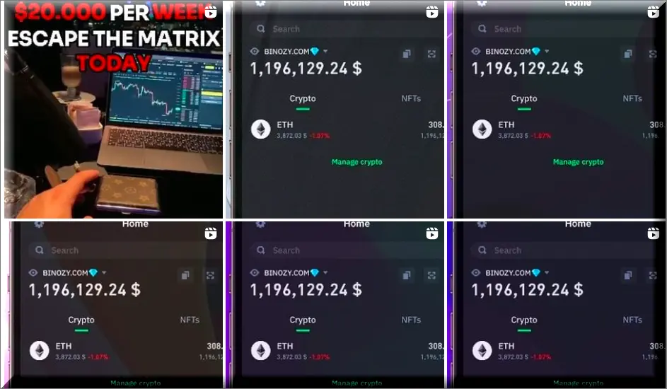 Illustration of a deceptive BINOZY crypto scam, highlighting the risk to investors.