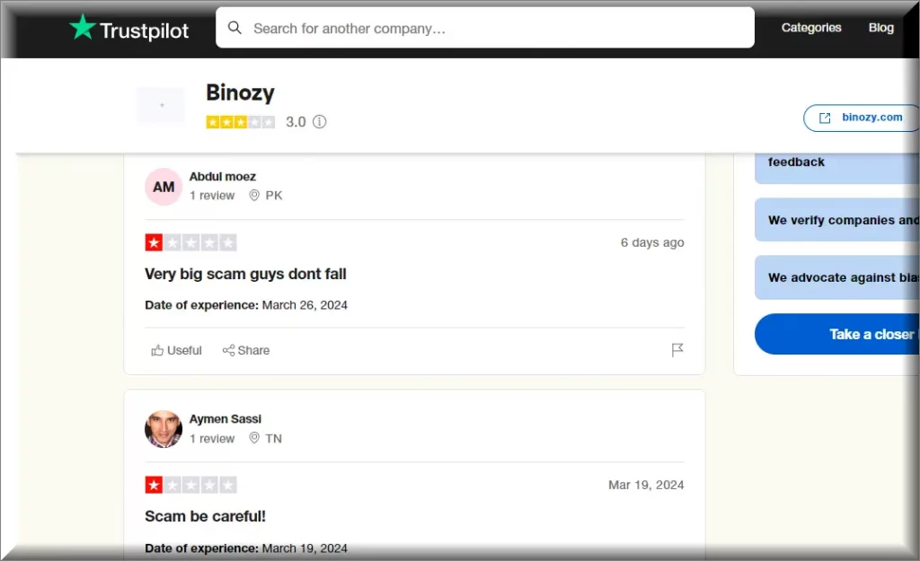 Screenshots of users complaints against the BINOZY cryptocurrency scam