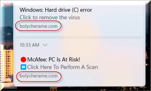 Misleading Bolycherame virus pop-up labeled'McAfee: PC At Risk!'