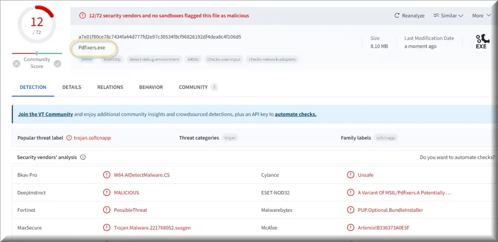 Screenshot of the the PDFixers.exe malware detections on VirusTotal
