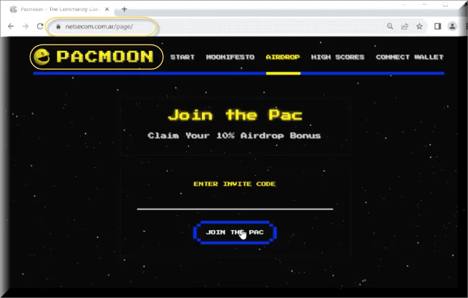 Screenshot of netsecom.com.ar promoting the Pacmoon scam with a 10% Airdrop Bonus offer