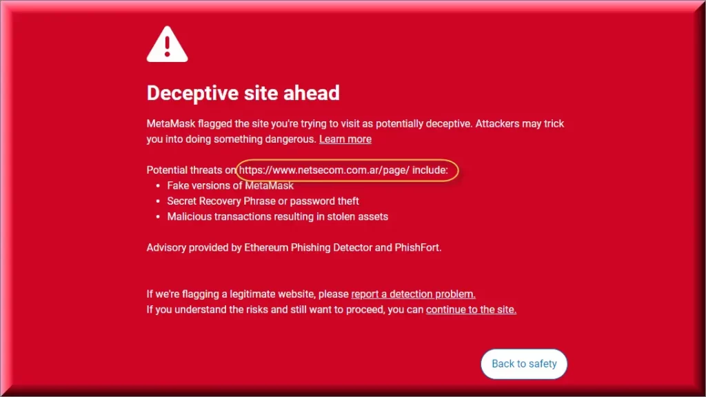 Screenshot of MetaMask wallet flagged PAC promoting site as deceptive