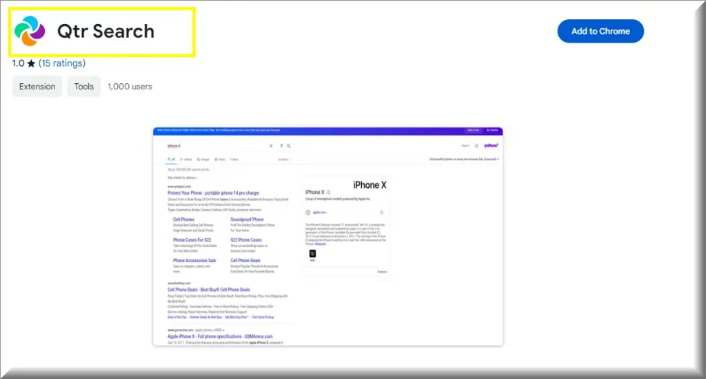 Capture d'écran de la recherche Qtr dans la boutique en ligne de Google