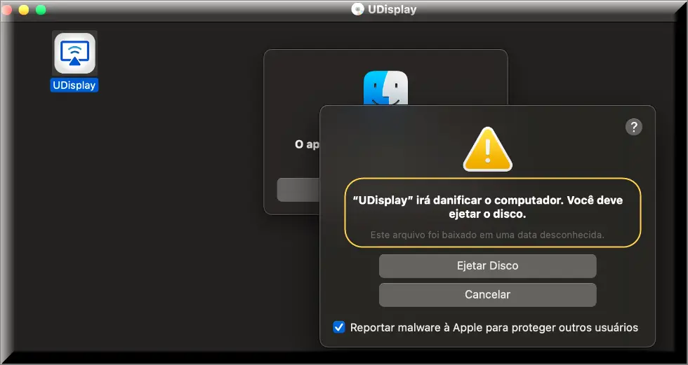 Screenshot of the UDisplay “Will Damage Your Computer” error