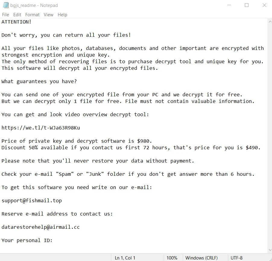 Le ransomware Bgjs note de rançon