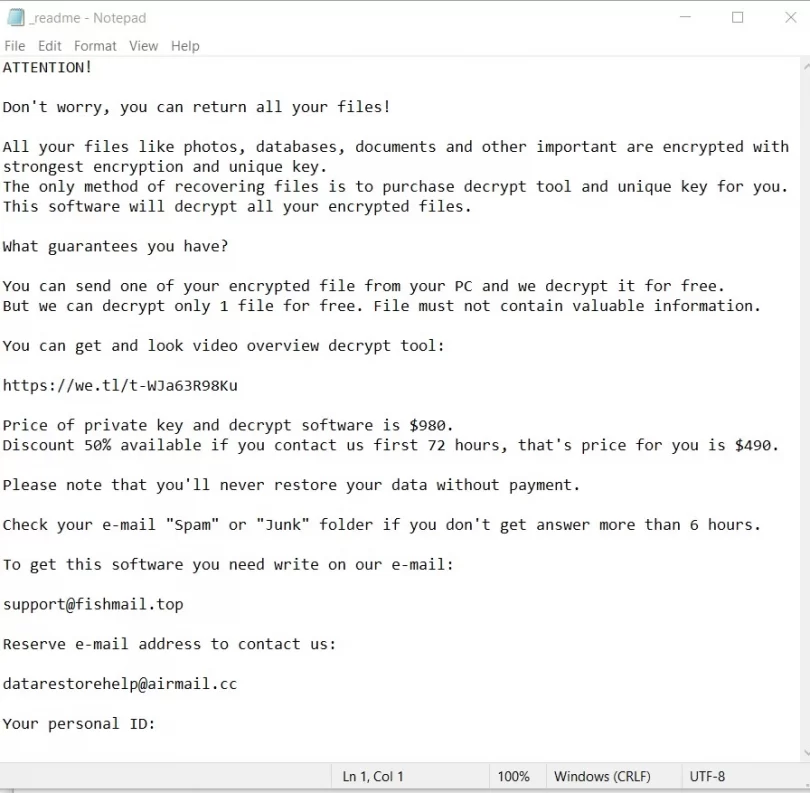 Archivo de texto del ransomware del virus Bgzq (_readme.txt)