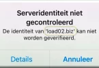Error message about failing to verify Load02.biz's identity on an iPhone screen.