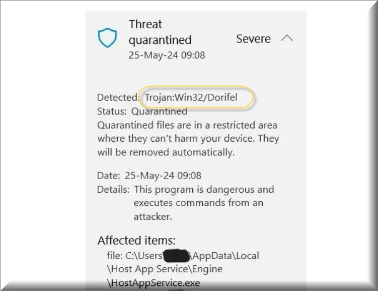 The trojan Dorifel detected by Windows Defender