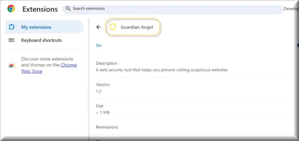 Screenshot of the Extension called"Guardian Angel"