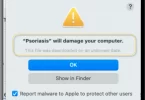 Screenshot of the "Psoriasis" will damage your computer pop up on Mac