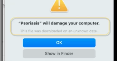Screenshot of the "Psoriasis" will damage your computer pop up on Mac