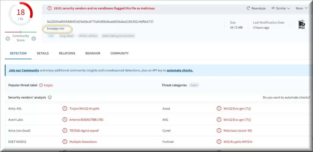 The TruoApp virus detections on VirusTotal