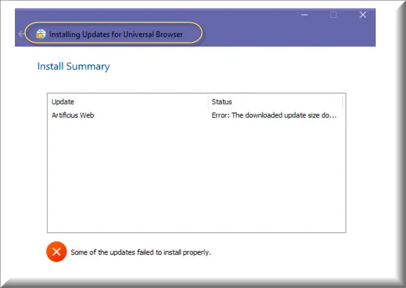 Capture d'écran du message "Installing updates for Universal Browser" (Installation des mises à jour pour le navigateur universel) lorsque Chrome se bloque.