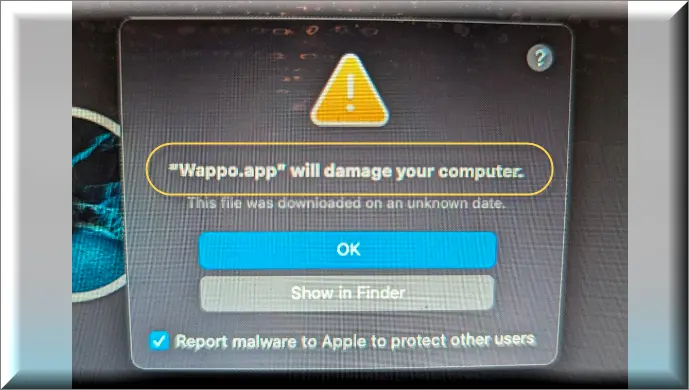 Screenshot of the"Wappo.app" will damage your computer pop up