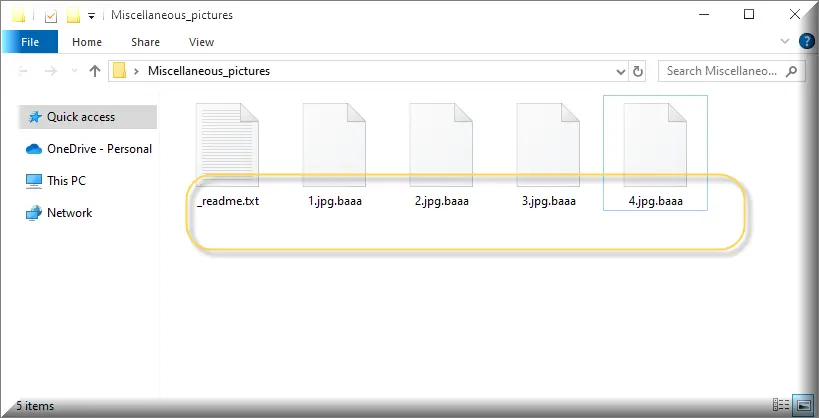 Archivos encriptados por el ransomware Baaa (extensión .baaa)