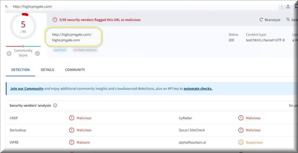 Screenshot of the Highcpmgate virus detections on VirusTotal