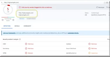 Screenshot of the Highcpmgate virus detections on VirusTotal