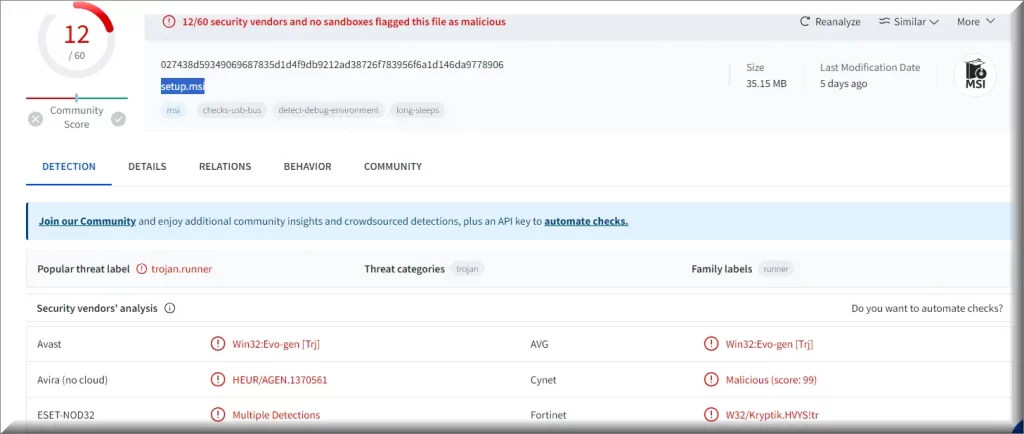 Screenshot of the Setup.msi malware detections on VirusTotal