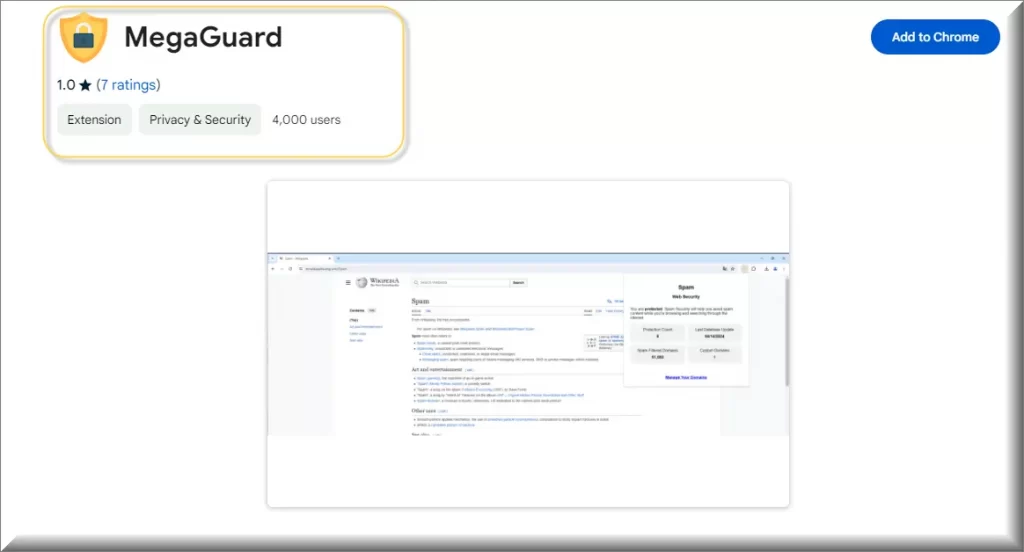 Captura de pantalla de la extensión de navegador MegaGuard en Chrome Web Store