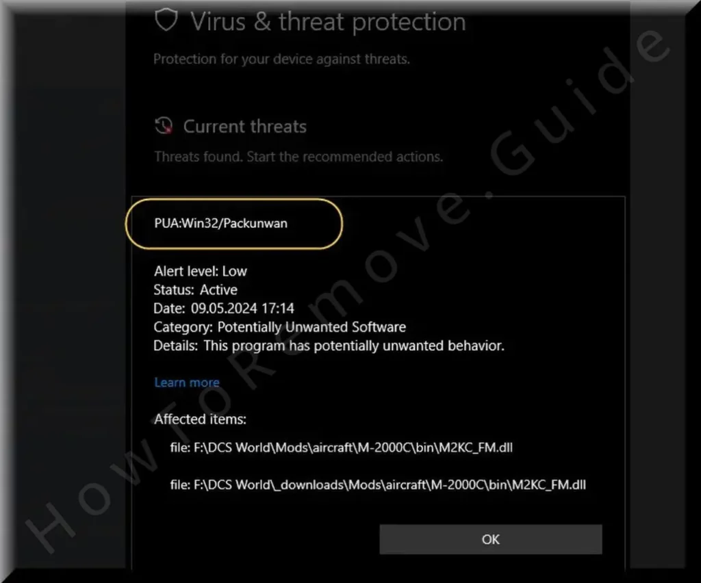 Screenshot of the Packunwan virus detection