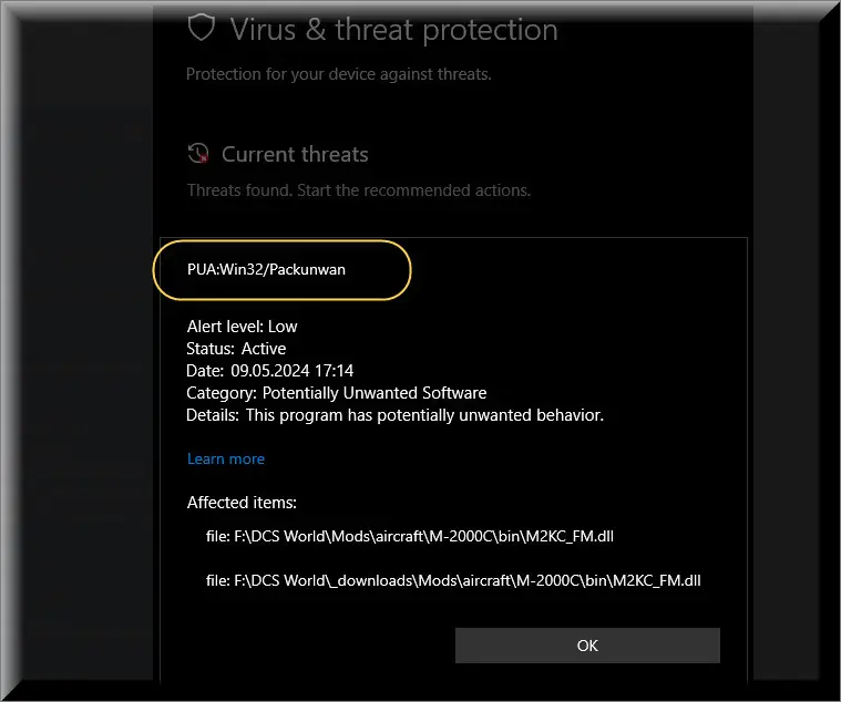 Screenshot of the Packunwan virus detection
