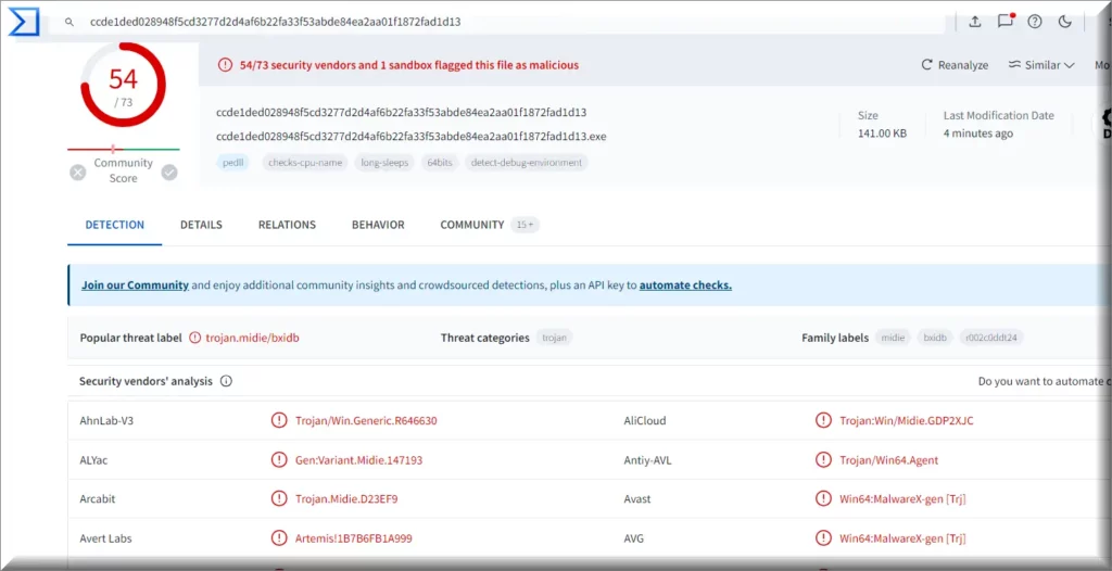 Screenshot of the Warmcookie malware detections on VirusTotal