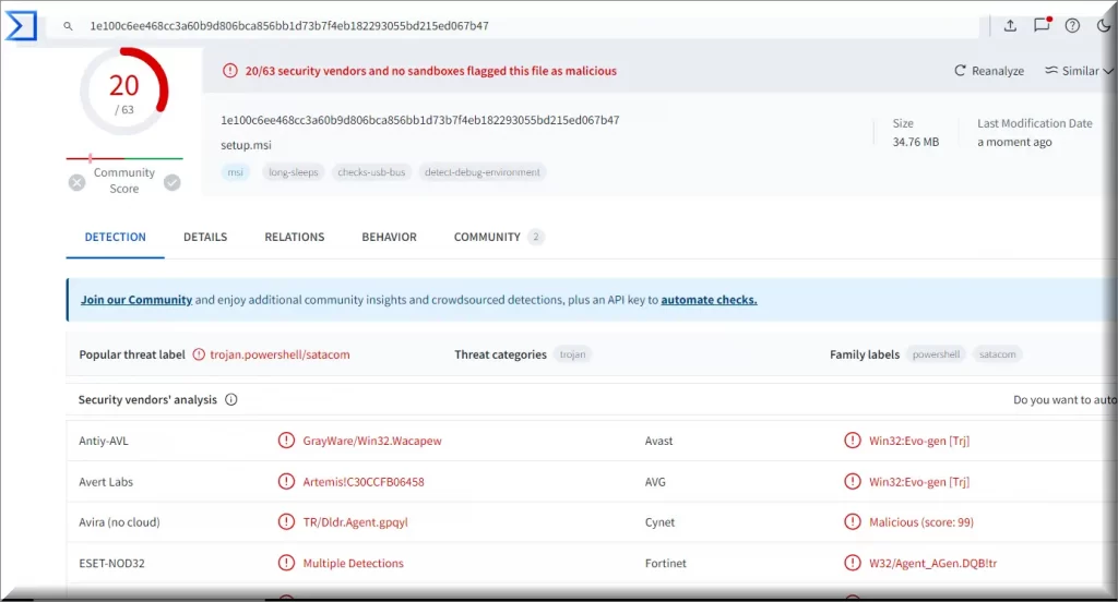 Screenshot of the CiviApp installer malware detections on VirusTotal