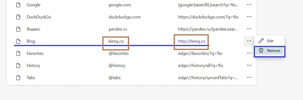 edge delete bing redirect search engine