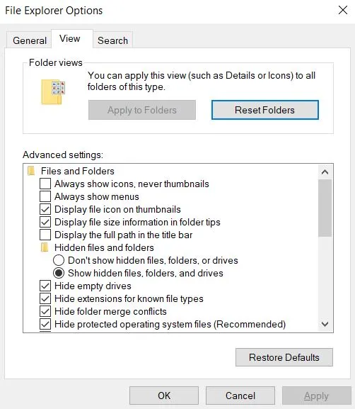 show hidden files and folders