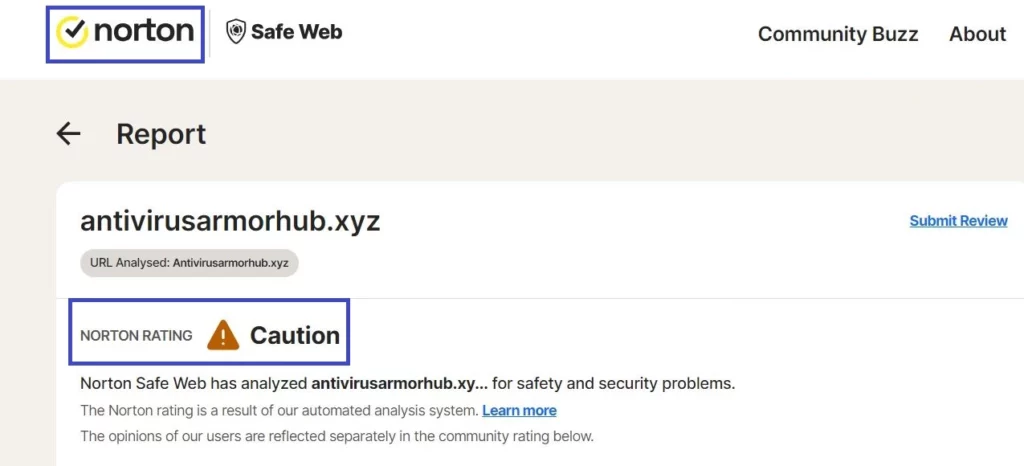 Antivirusarmorhub.xyz Avertissement de l'analyseur d'url de Norton