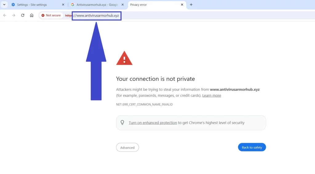 Antivirusarmorhub.xyz site warning Chrome