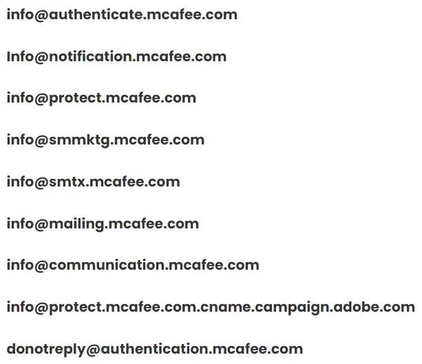 mcafee emails list 1