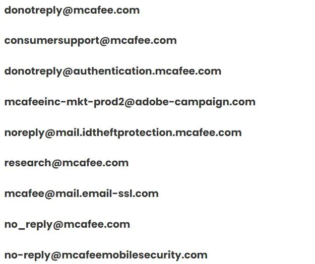 mcafee emails list 2