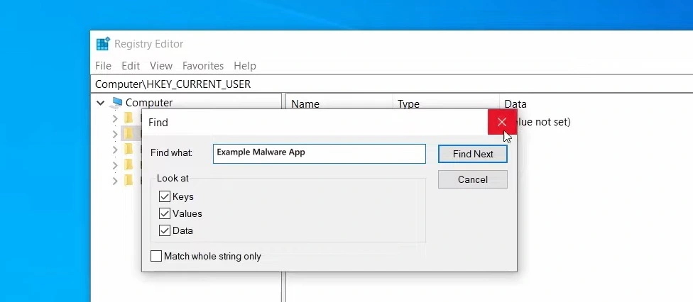 registry editor example malware app