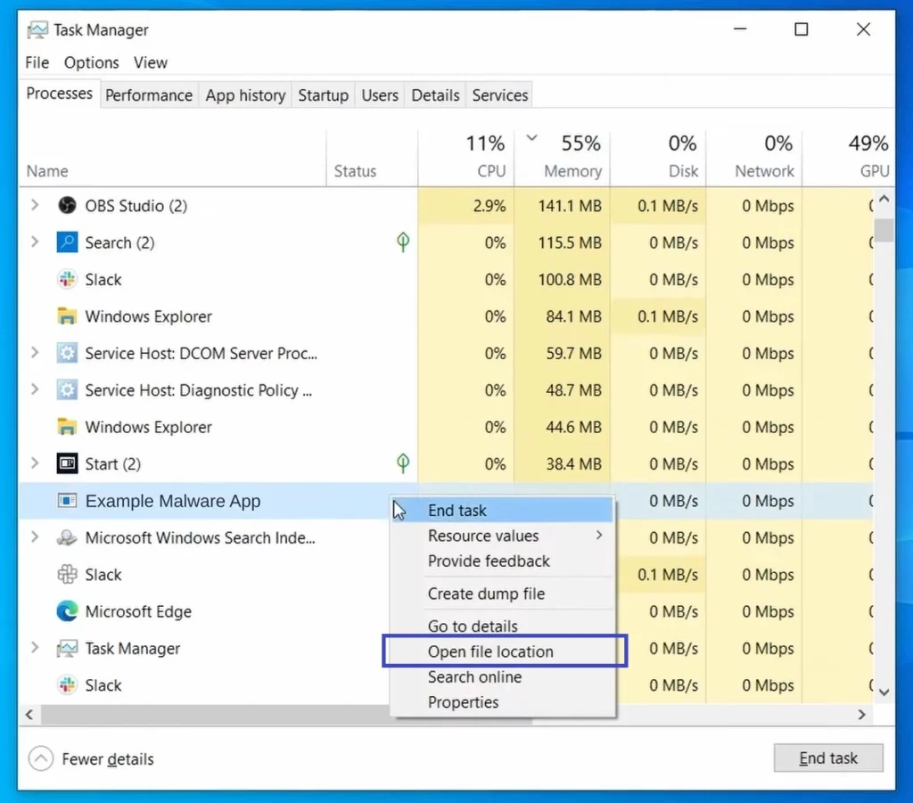 task manager suspicious app open file location