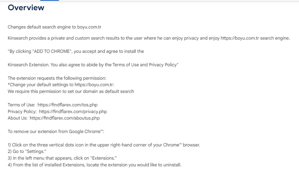 Kinsearch's policy in the Chrome web store