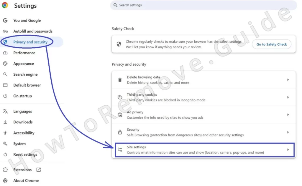 privacy and security, site settings, chrome