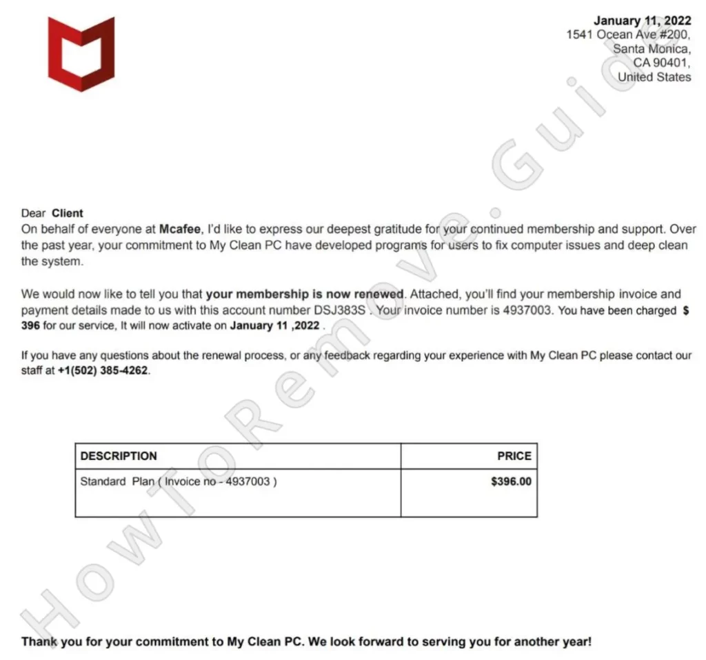 McAfee Invoice Scam message