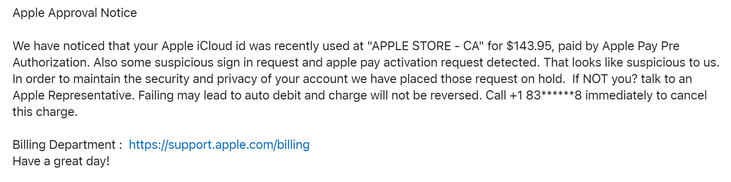 “Apple Approval Notice” Scam Report